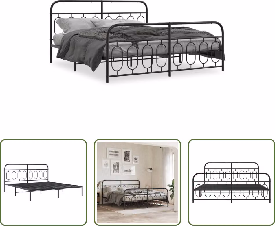 The Living Store Struttura letto con testiera e pediera in metallo nero 183x213 cm