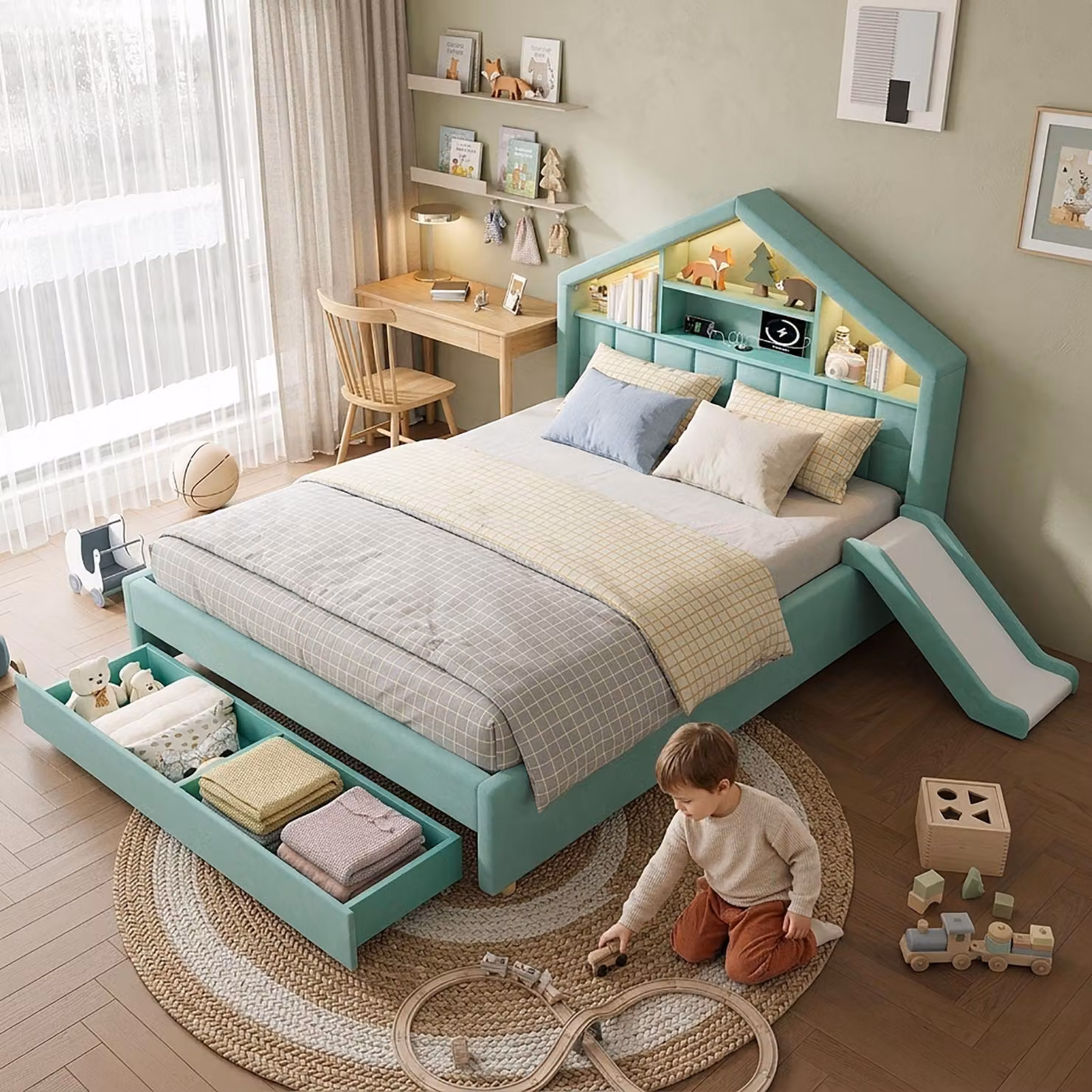 Letto imbottito Merax 140x200 cm con scivolo e spazio contenitivo, letto a forma di casetta con illuminazione a LED, letto per bambini con presa di corrente, testiera con ripiano, rivestito in velluto, colore blu-verde