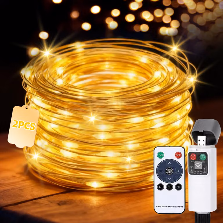 Catena luminosa da 15 metri, con 150 LED, luce bianco caldo, alimentazione USB, grado di protezione IP54, confezione da 2