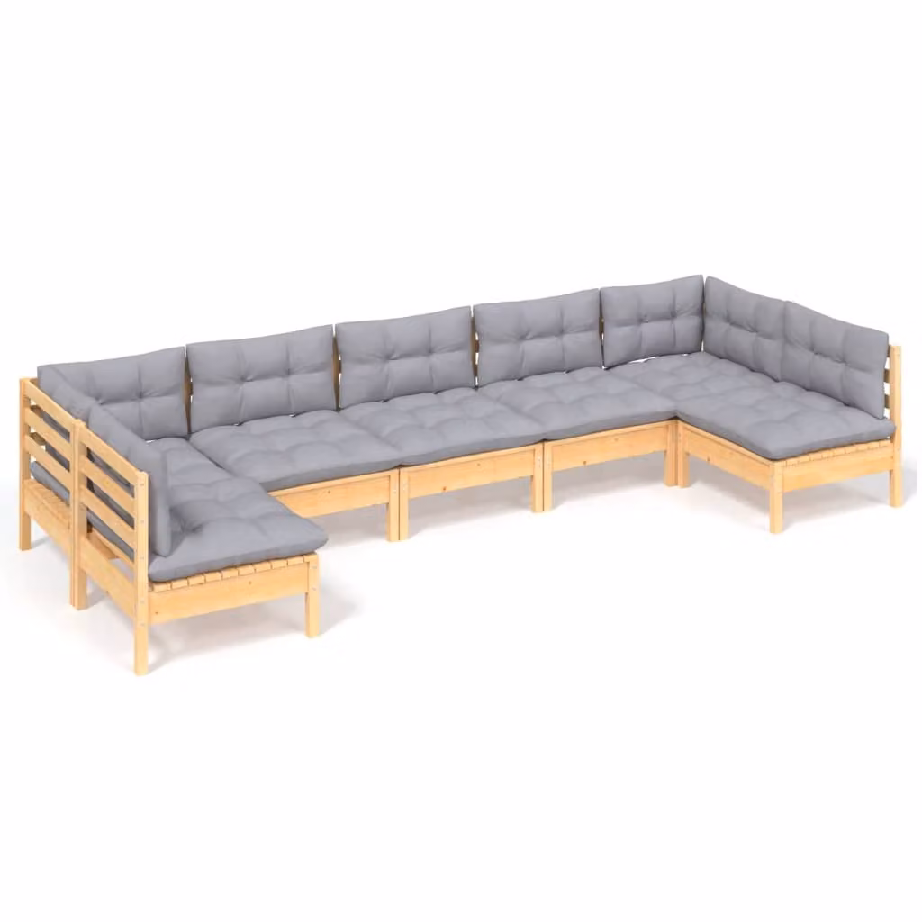 Set Divani da Giardino 7 pz con Cuscini Grigi Massello di Pino