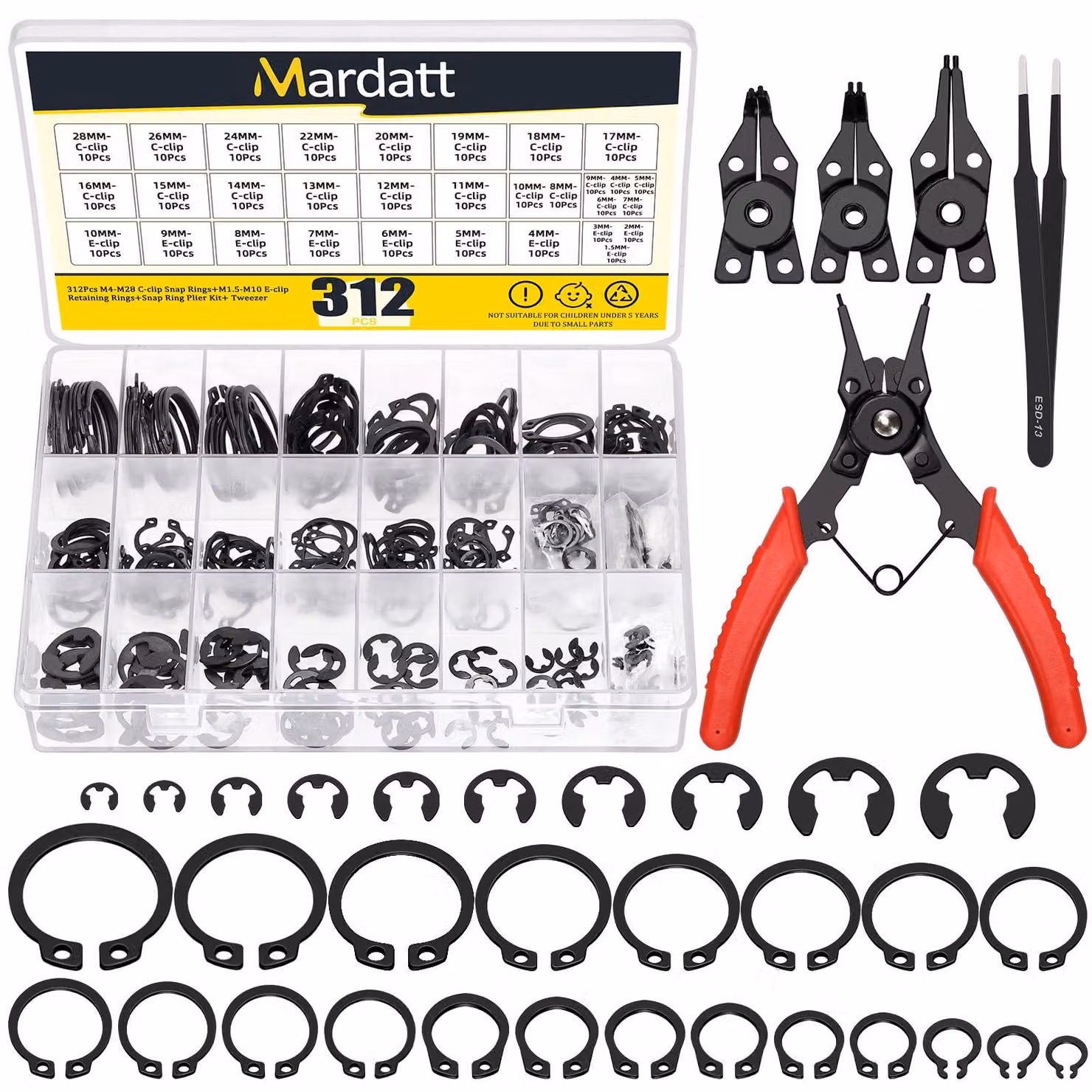 Set di anelli di sicurezza a clip C e clip E, da M4 a M28, da 1,5 a 10 mm, con pinza