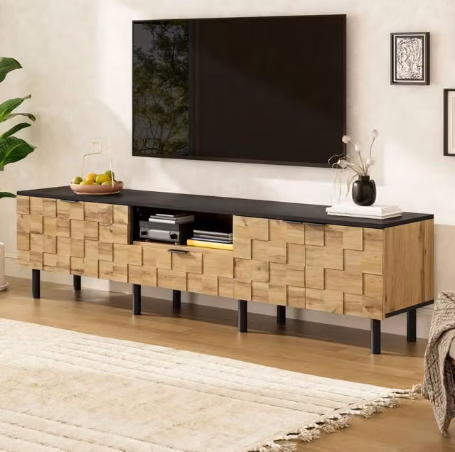 Mobile TV 170x35x44,5 cm naturale e nero in pannello truciolare con 2 ante e cassetto