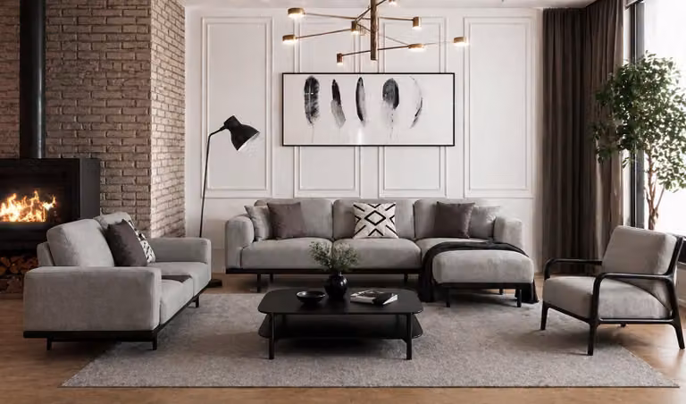 Divano componibile ad angolo, forma a L, con tre posti, poltrona, colore grigio, rivestito in tessuto