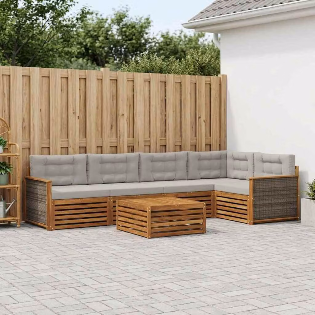 vidaXL Set di divani da esterno moderno a L in legno di acacia con cuscini, 6 pezzi, Beige, Grigio e Marrone