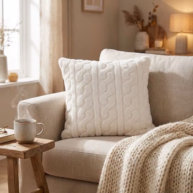 Cuscino arredo in jacquard e sherpa bianco 45x45 cm