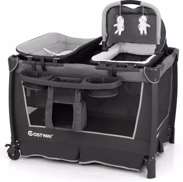 Lettino viaggio 5 in 1 pieghevole culla removibile fasciatoio materasso-Box bambini ripiano portaoggetti ruote bloccabili neonati Grigio