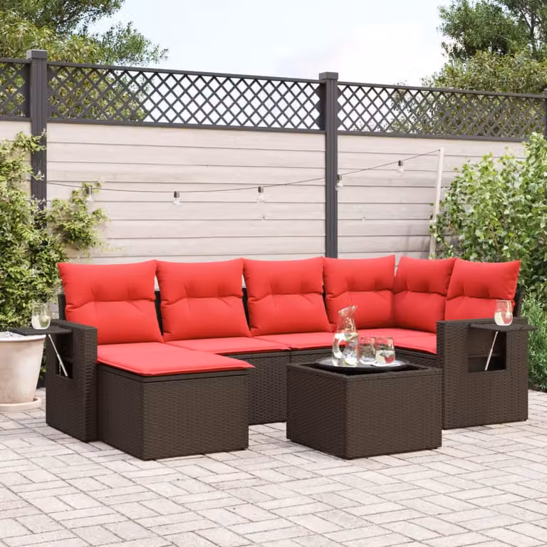 Set Divani da Giardino vidaXL 7 pz in Polyrattan Marrone con Cuscini e Tavolino da Esterno