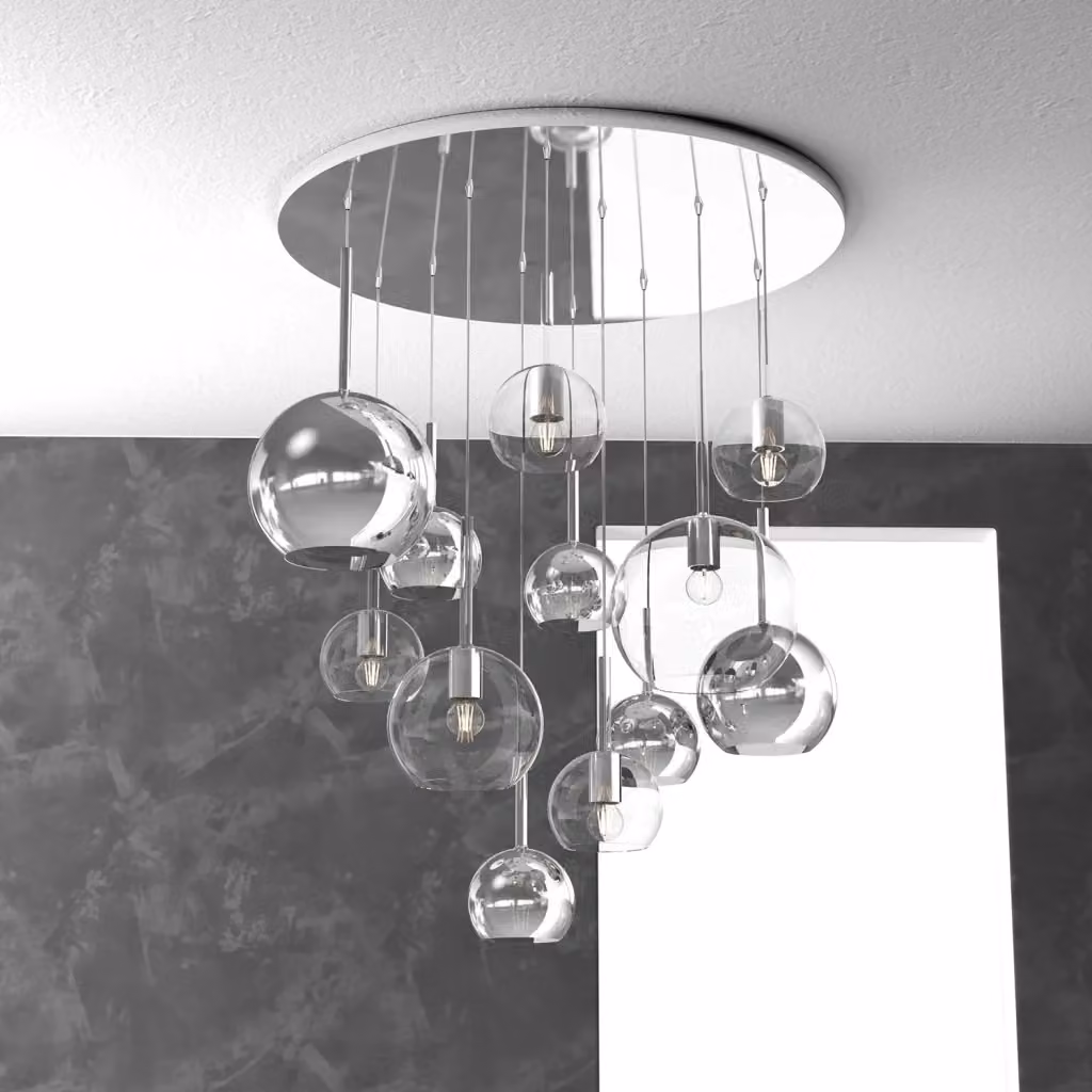 Lampadario Sospeso Contemporaneo Top Light Future in Metallo Cromo e Vetro Trasparente con 12 Luci E27 – 2