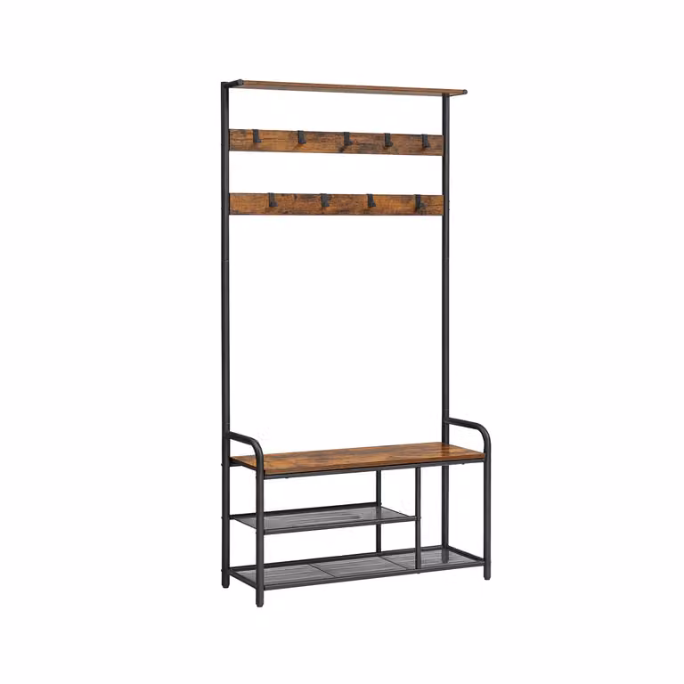 Appendiabiti con Scarpiera, Mobile Ingresso con 9 Ganci Rimovibili, Panca, Mensola, 30 x 85 x 180,5 cm, Marrone Vintage + Nero