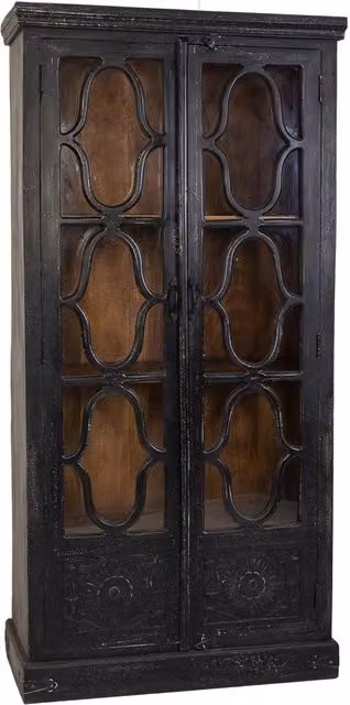 Vetrina Wanderlust Deco in legno di mango nero con ante in vetro e decorazioni floreali L: 100 cm, P: 45 cm, H: 204 cm – 1
