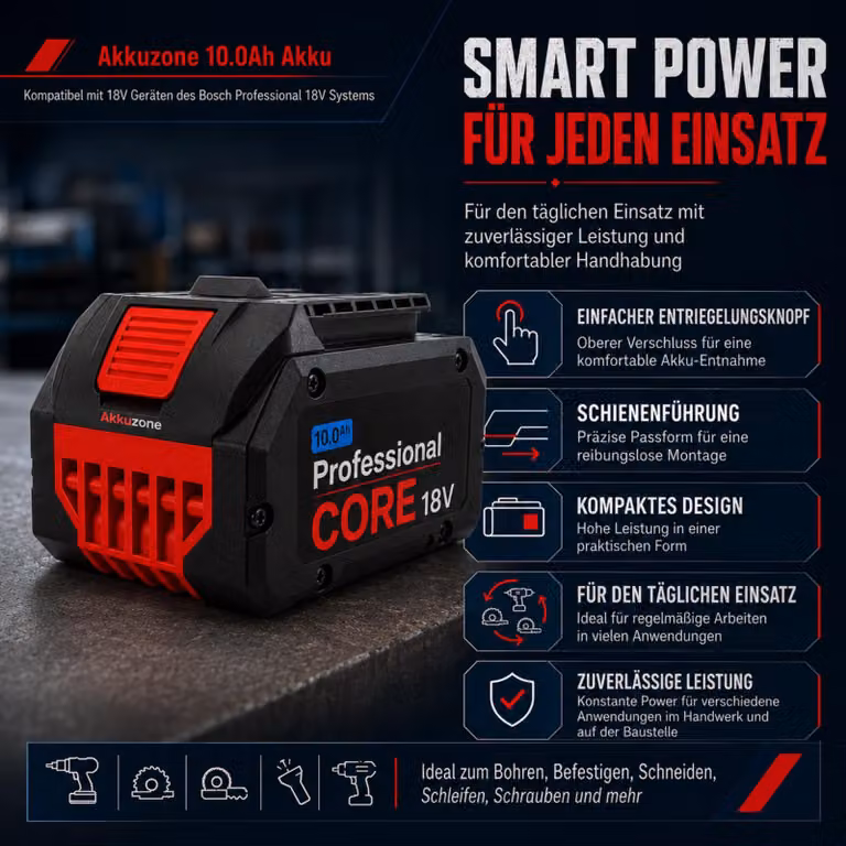 Batteria agli ioni di litio da 10,0 Ah e 18 V, compatibile con Bosch Professional – Batteria ad alte prestazioni per dispositivi ProCORE e GBA 18 V, con indicatore LED