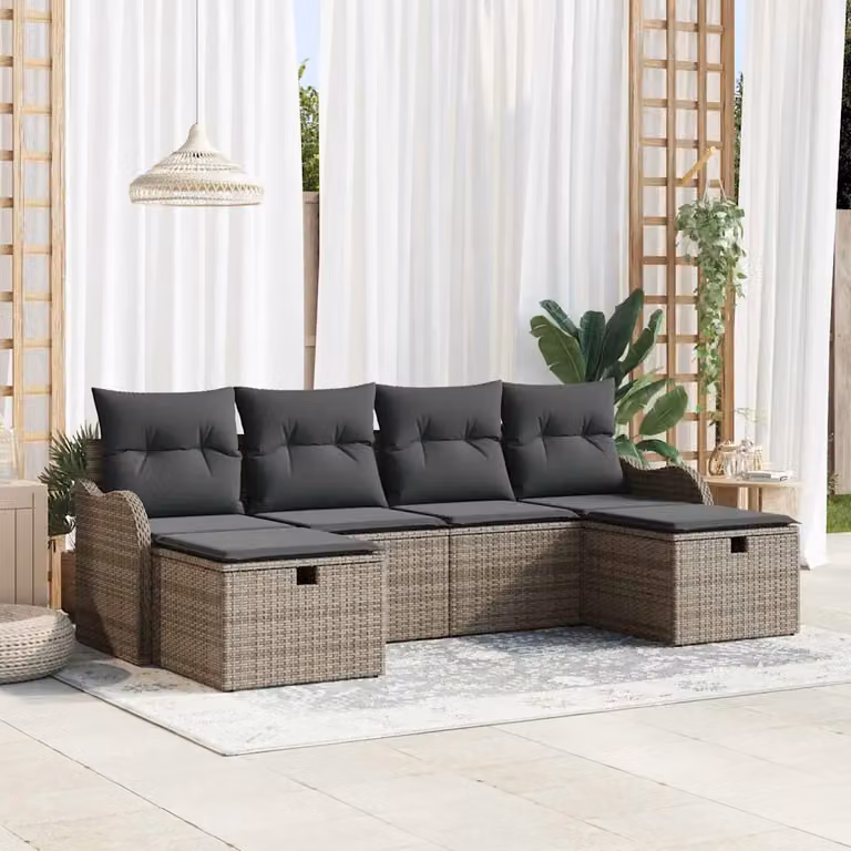 Set Divano da Giardino a L vidaXL in Polyrattan Grigio con 6 Cuscini e Tavolino