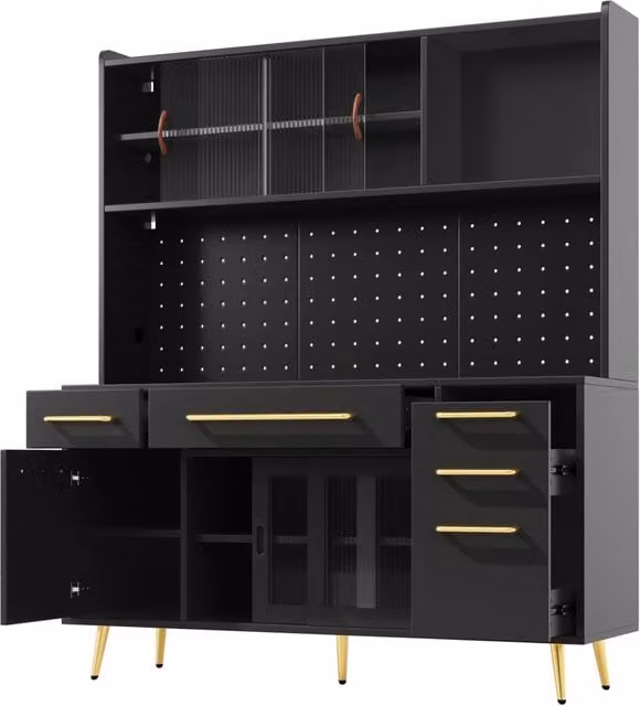 Sideboard moderno con illuminazione LED, armadio alto con pannello forato, cassetti e anta scorrevole in MDF nero per cucina e soggiorno