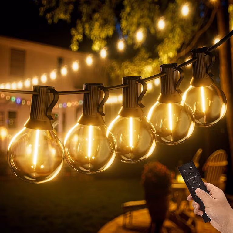 Yuucio, 2 x 30 metri di catena luminosa per esterni, tipo G40, con telecomando, grado di protezione IP44, resistente agli urti, temperatura di colore 2700K – lunghezza totale 200 piedi