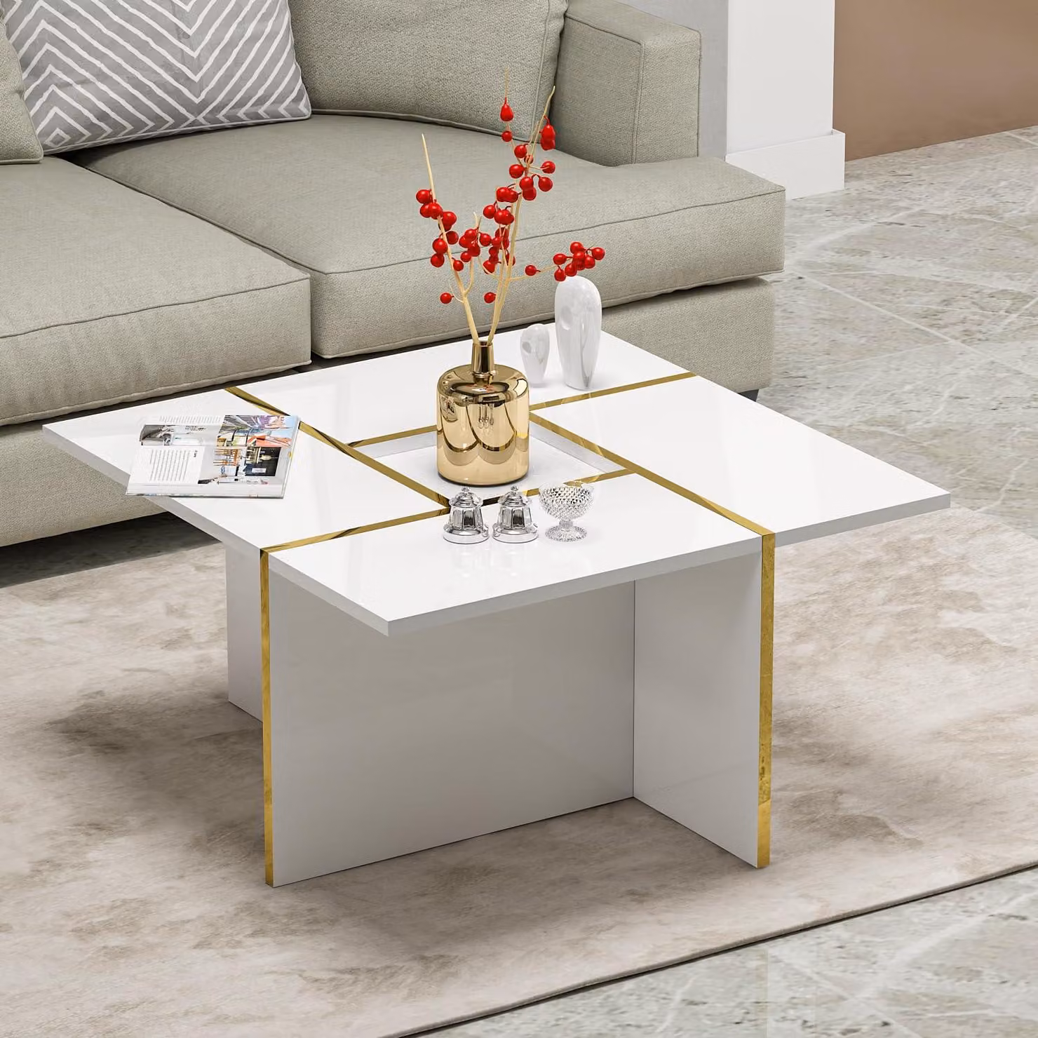 HOMIDEA Silva: Tavolino da salotto moderno con superficie di appoggio, dal design elegante (bianco lucido)