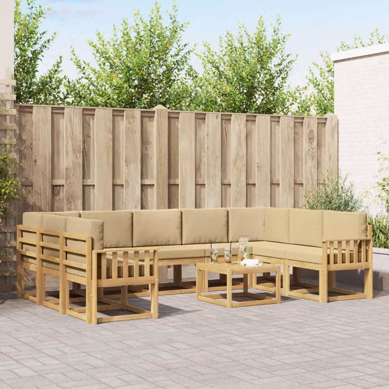 Set di divani da esterno vidaXL a forma di L composto da 10 pezzi in legno di acacia con cuscini in poliestere bianco e beige