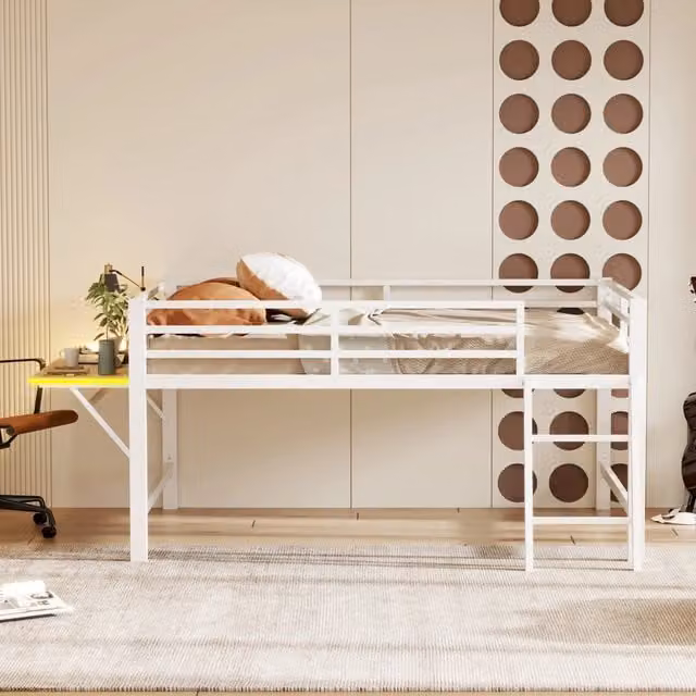 Desviae Letto a soppalco 140 × 200 cm in metallo bianco con scrivania pieghevole scala sponde e luce LED a colori