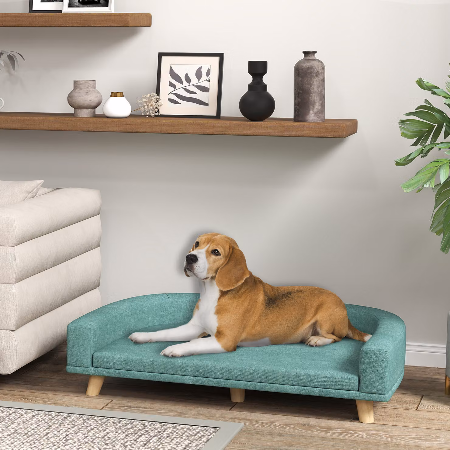 Divano per cani di taglia grande PawHut con gambe rialzate e cuscino sfoderabile, Verde, L 98 x P 67 x H 25 cm – 2