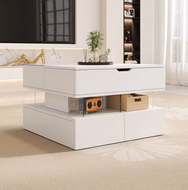 Tavolino da salotto regolabile in altezza con piano in vetro, struttura in truciolato bianco e illuminazione LED a 16 colori