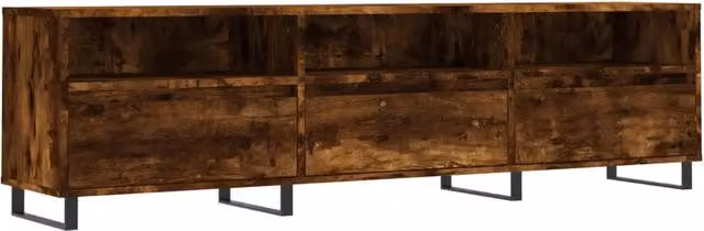 Mobile TV moderno Design In in legno multistrato color rovere fumo con dettagli in metallo, L: 150 cm, P: 30 cm, H: 44,5 cm