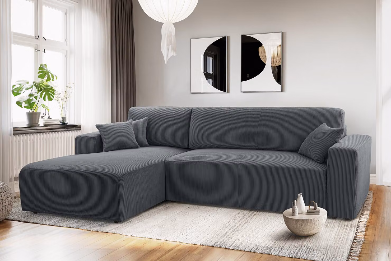 AX LIVING Catea divano letto angolare con rete L - Divano angolare grigio 279 cm