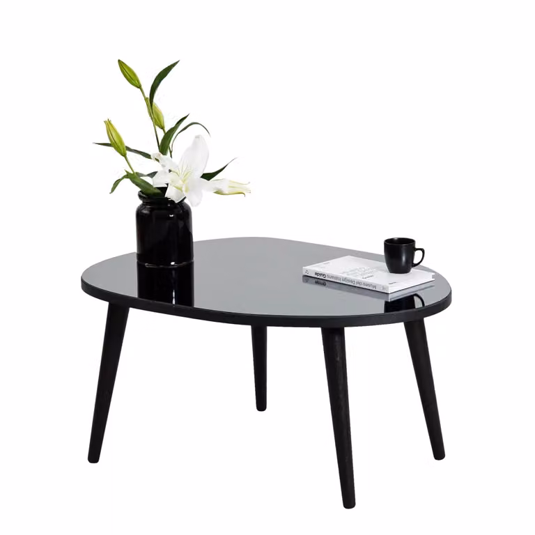 Tavolino da salotto moderno DMORA con piano ovale in vetro temperato trasparente e struttura nera L: 75 cm, P: 55 cm, H: 38 cm