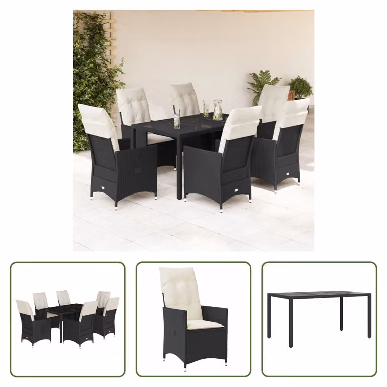The Living Store Set da pranzo da giardino 7 pezzi con cuscini in polirattan nero