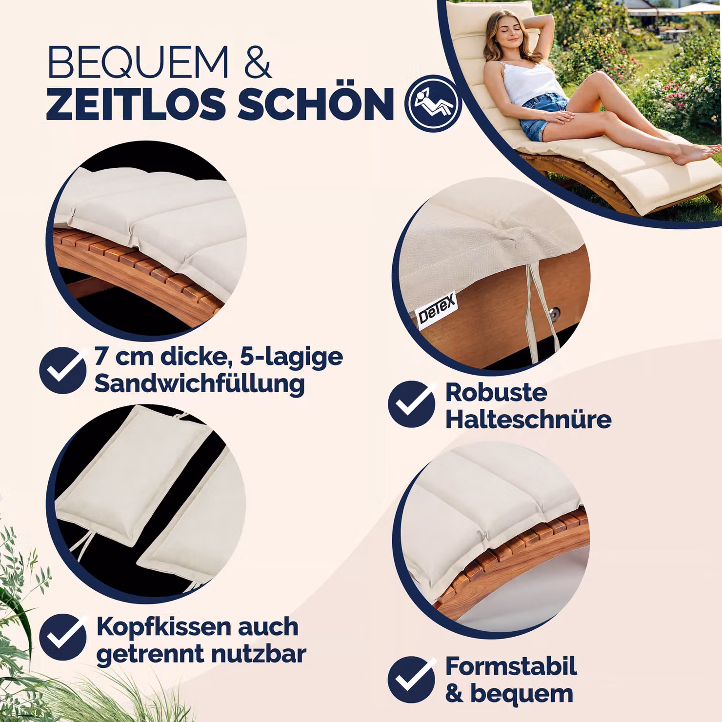 Cuscino per Sdraio Detex® beige impermeabile L: 192,5 cm, P: 61 cm – 2