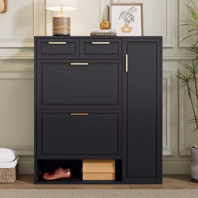 Scarpiera OKWISH per ingresso con ante a battente, cassetti e ripiani, in MDF e metallo, nero, L: 95 cm, P: 24 cm, H: 107 cm