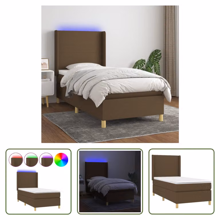 The Living Store Letto a molle con materasso e LED in tessuto marrone scuro 90x190 cm