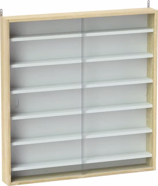 Bacheca Portaoggetti HOMCOM con 5 Ripiani Regolabili e Ante in Vetro, Bianco e Rovere, L: 80 cm, P: 9.5 cm, H: 83 cm