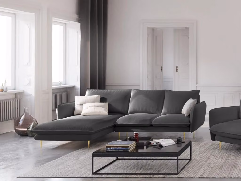 Divano angolare sinistro Vienna Cosmopolitan Design in tessuto grigio scuro con 5 posti e cuscini inclusi L 255 cm x P 95 cm x H 73 cm – 2