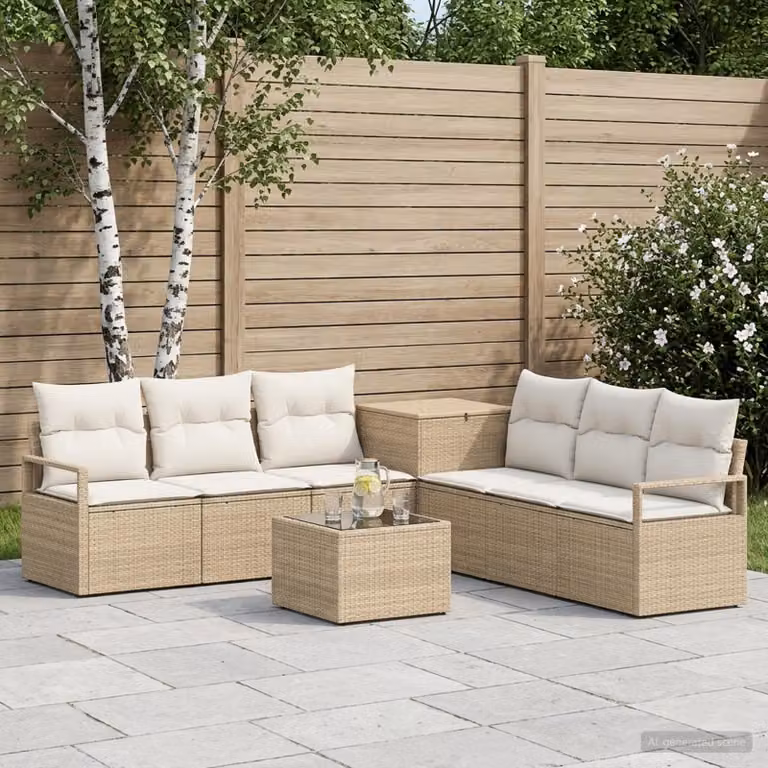 Set di divani da giardino vidaXL a forma di U in polyrattan beige e bianco crema con tavolo da caffè e cuscini inclusi