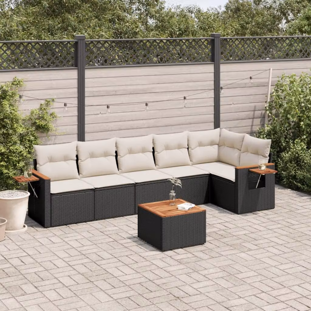 vidaXL Set Divano da Giardino a L con 7 Pezzi in Polyrattan Nero e Cuscini con Rivestimenti Rimovibili – 1
