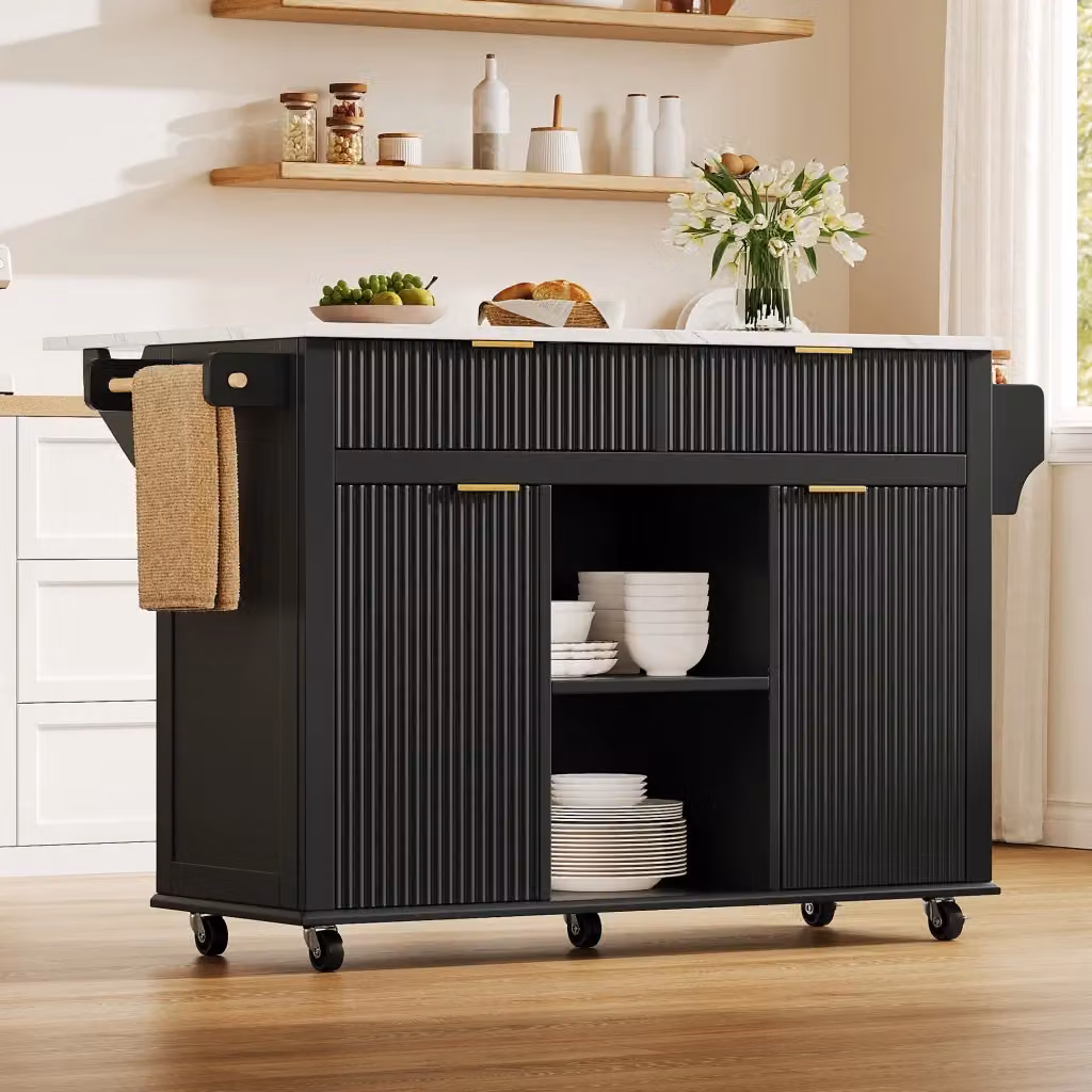 Isola da cucina WISHDOR con piano ribaltabile e ruote, finitura Nero e Beige, L: 143 cm, P: 45 cm, H: 89,5 cm – 2