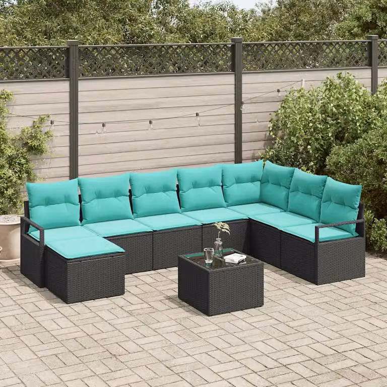 Set di divani da giardino vidaXL 9 pezzi in rattan nero con cuscini color turchese e struttura in acciaio