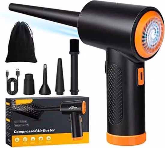 Air Duster - Aspirapolvere - 3 velocità - Aria compressa - Senza fili - Ricaricabile - 5 beccucci - Pulitore per divani - Nero