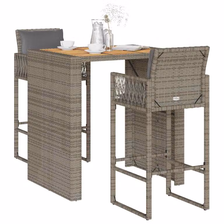 Set Bar da Giardino vidaXL in Polyrattan e Legno di Acacia Grigio con 3 Pezzi e Cuscini