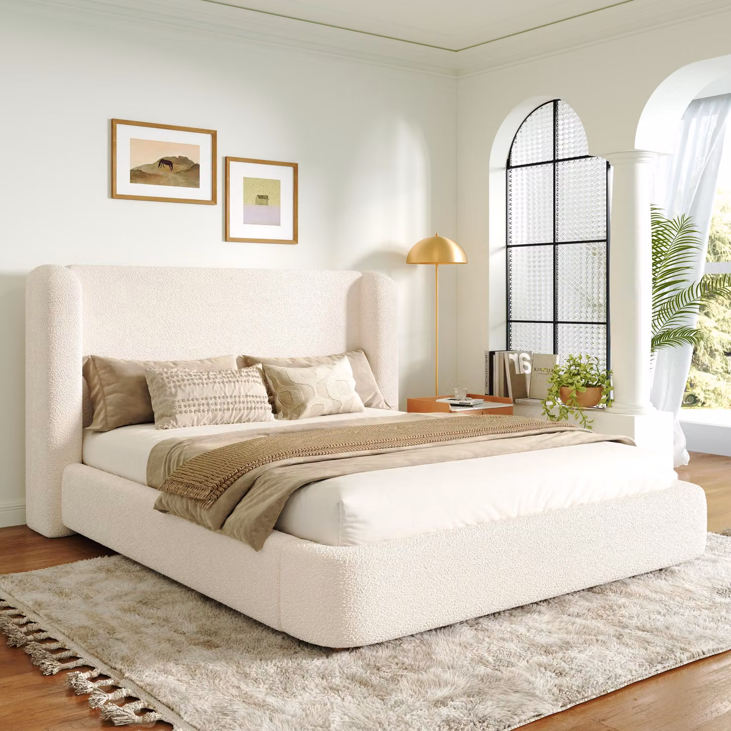 Letto imbottito 180 x 200 con rivestimento in tessuto bouclé e rete a listelli – Letto matrimoniale con testiera lavabile e angoli arrotondati, struttura del letto color beige