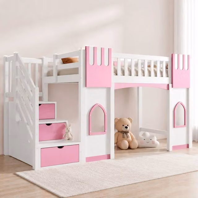 Letto a soppalco ULEVR 90x200 cm con scala contenitore a 3 vani e 2 finestre, bianco e rosa