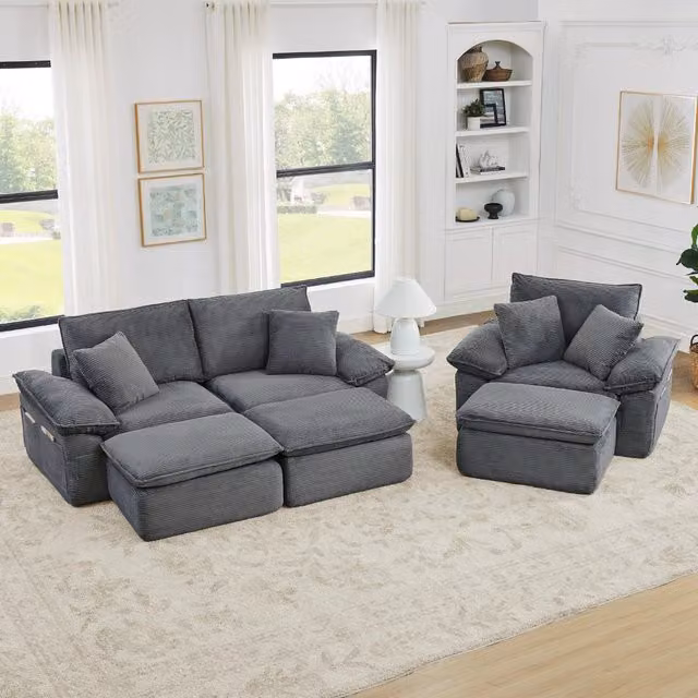Divano a pavimento modulare MIVRAY a 2 posti in tessuto grigio con pouf coordinato e imbottitura in schiuma per il tuo soggiorno o ufficio in casa