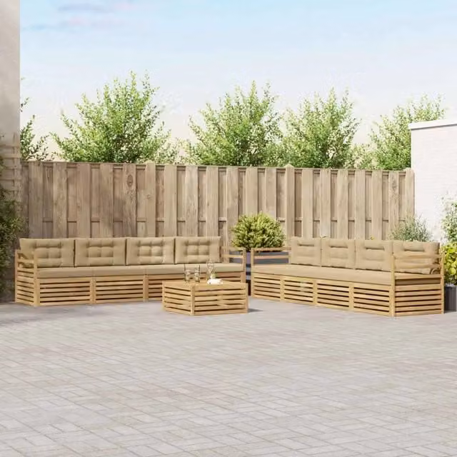 Set di divani da esterno a forma di U con tavolino da giardino vidaXL, 9 pezzi, Bianco e Beige, in legno di acacia e tessuto resistente ai raggi UV
