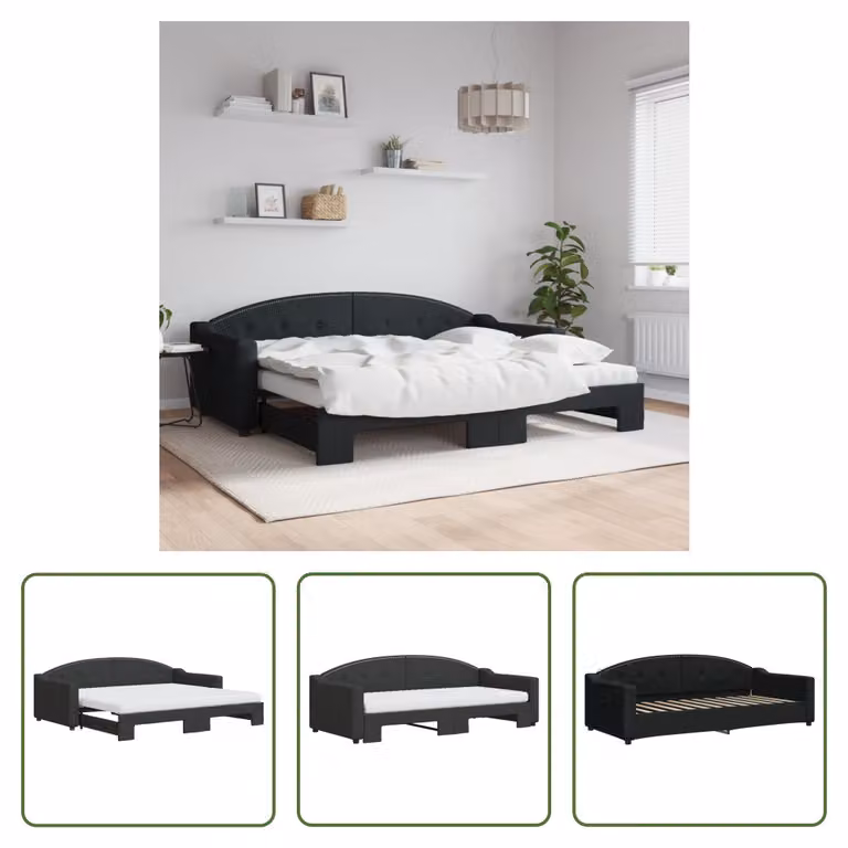 The Living Store Lettino allungabile con materassi nero 90x200 cm in tessuto