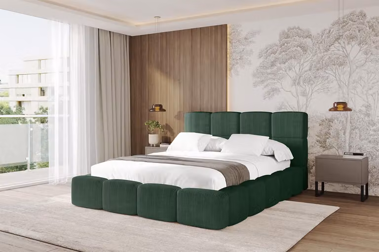 Letto imbottito ALTDECOR con contenitore - NATA 160x200 verde, letto con testiera, letto contenitore senza materasso, letto matrimoniale con vano portaoggetti