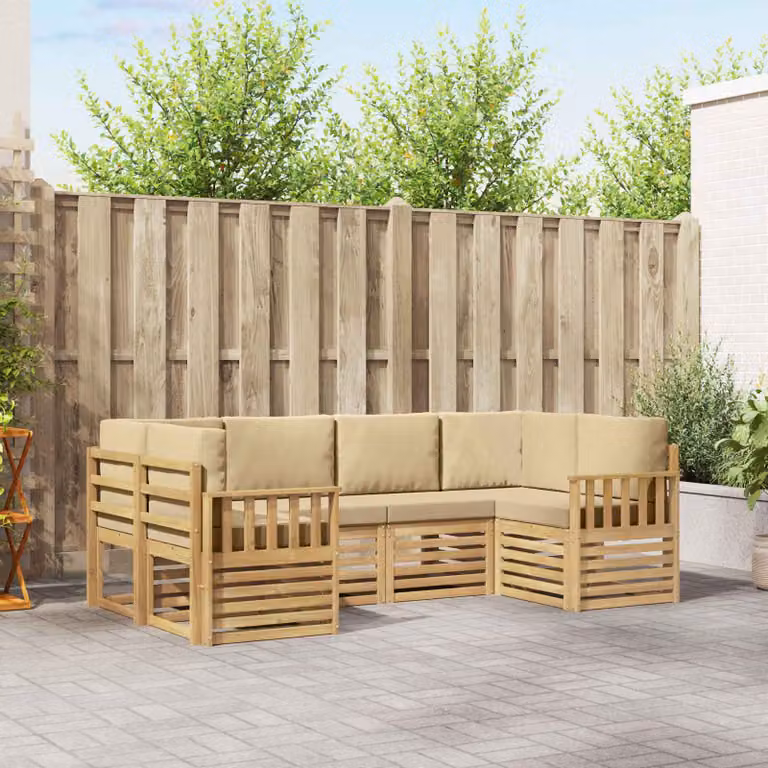 Set di divani da esterno vidaXL a forma di L composto da 6 pezzi in legno di acacia con cuscini in poliestere bianco e beige