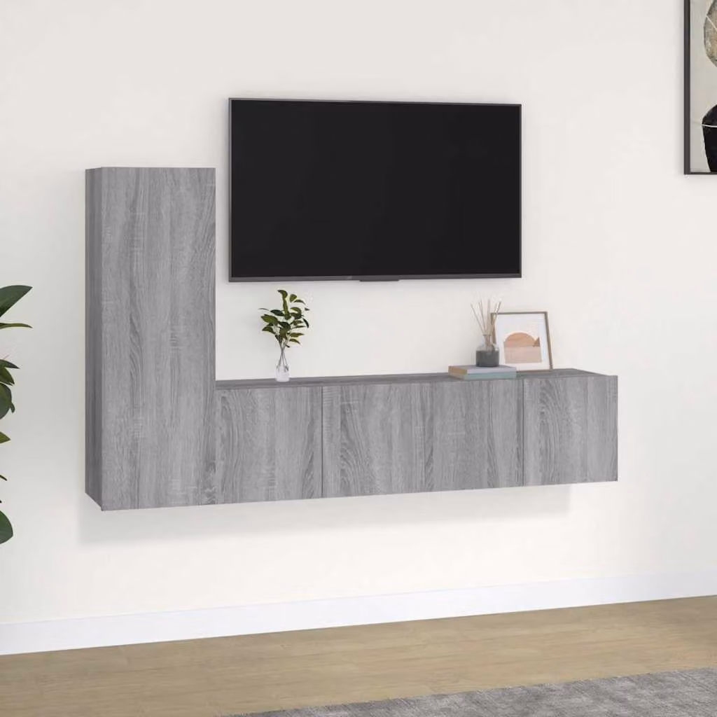 Set di mobili porta TV da 3 pezzi vidaXL in legno multistrato, colore grigio, design classico a parete per il tuo soggiorno
