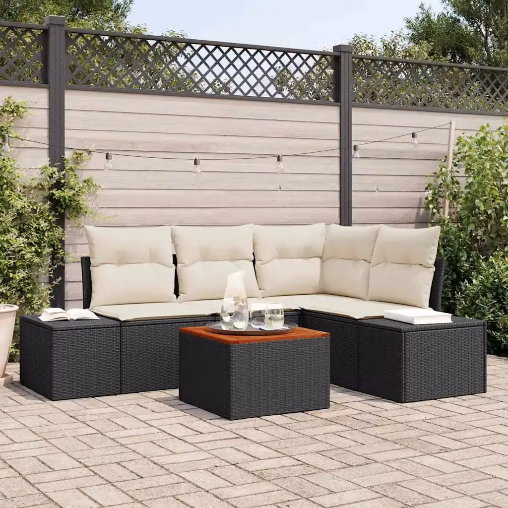 Set Divano da Giardino a L vidaXL 5 pz Nero e Beige con Tavolino e Cuscini in Polyrattan e Acciaio – 1