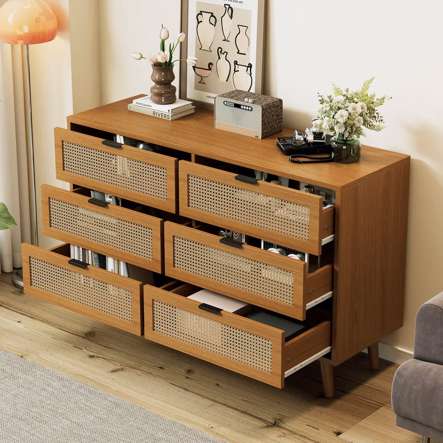 MODFU: Comodino da cucina in legno con 6 cassetti e maniglie in metallo, ideale per camera da letto, soggiorno, ufficio. Comodino alto con cassetti, finitura noce