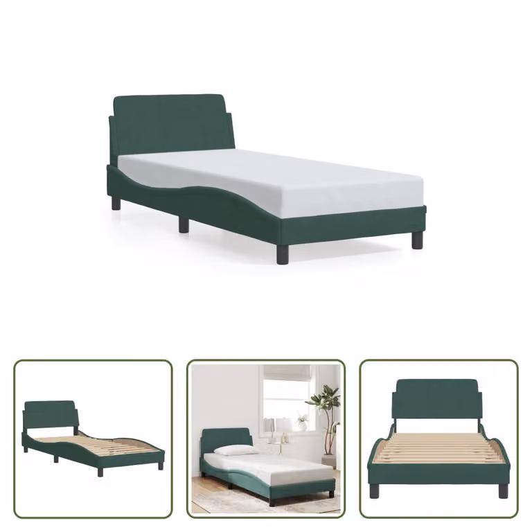 The Living Store Struttura letto con testiera in velluto verde scuro 80x200 cm