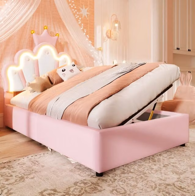 Letto imbottito 90x200 cm con contenitore; LED e testiera regolabile in PU rosa